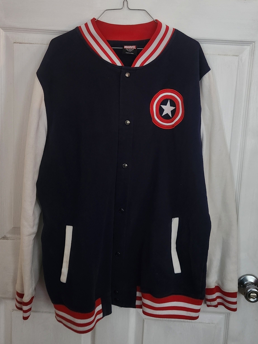 Marvel Adult Captain America Letterman Jacket - Navy, Red & White